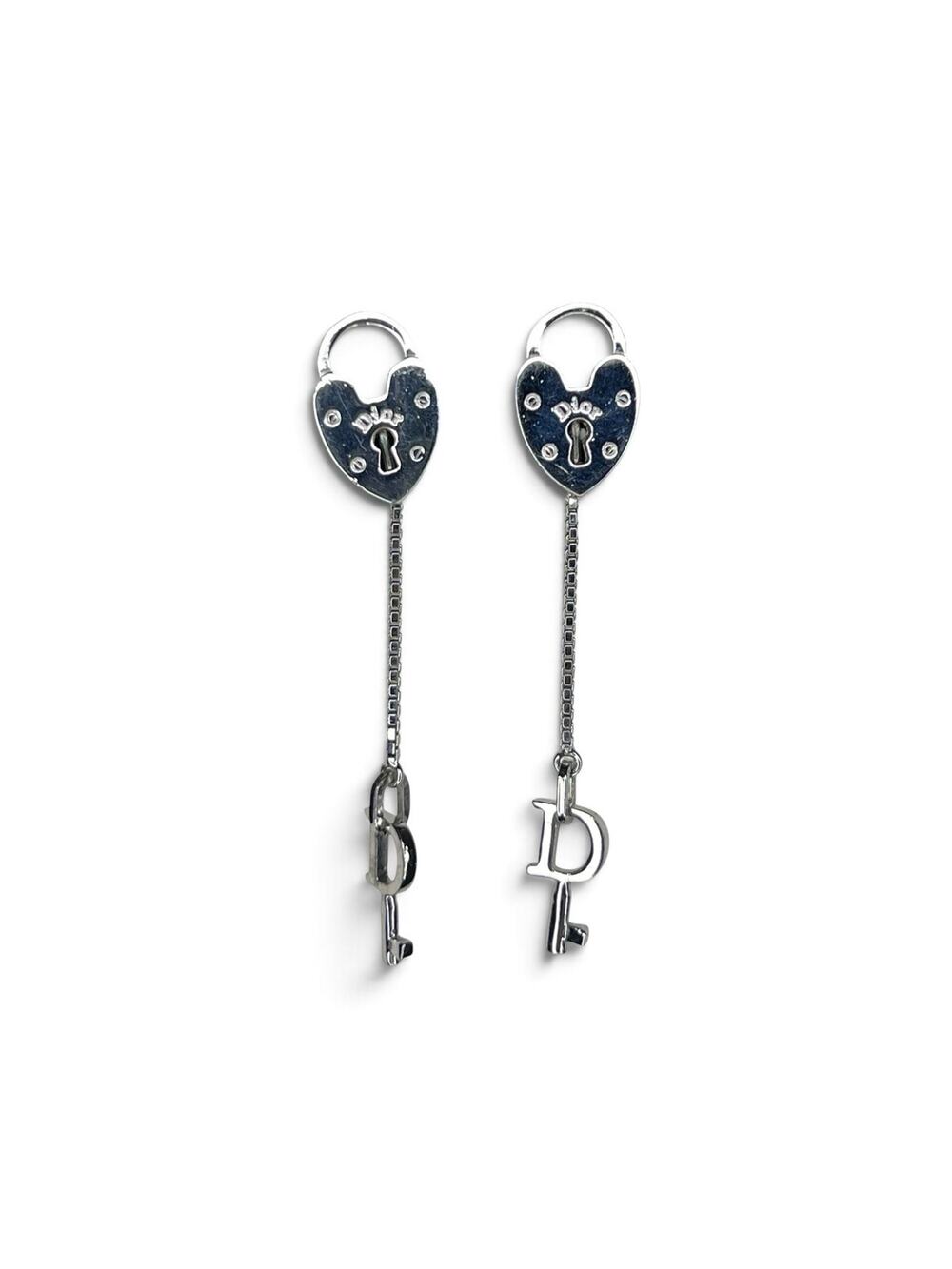 Authentic Christian Dior Silver-Tone Heart Lock and Key Drop Earrings